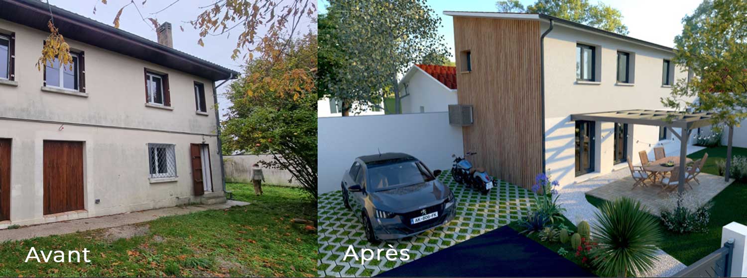 Façade d'une maison de Caudéran à Bordeaux, avant et après rénovation globale